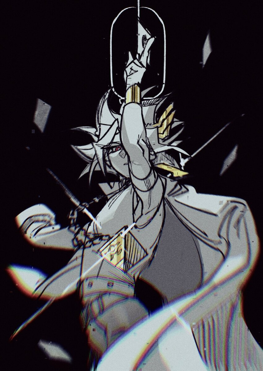 1boy arm_at_side arm_up black_background blurry blurry_foreground card chain chain_necklace earrings emuro_gemini facing_to_the_side floating_card gold_earrings gold_wrist_cuffs grey_hair grey_jacket grey_pants grey_shirt highres holding holding_card jacket jacket_on_shoulders jewelry looking_at_viewer male_focus millennium_puzzle monochrome necklace pants partially_colored pointing pointing_up popped_collar red_eyes shirt sleeveless sleeveless_shirt smirk sparkle spiked_hair spot_color turning_head yami_marik yu-gi-oh! yu-gi-oh!_duel_monsters