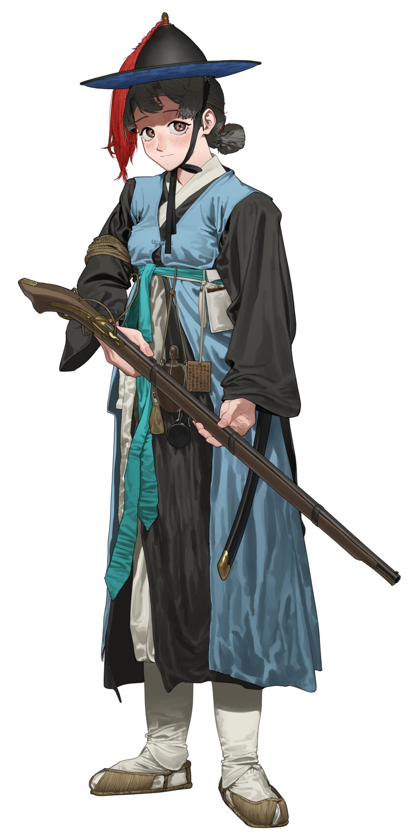 1girl absurdres antique_firearm baji beonggeoji black_hair black_hanbok brown_eyes canteen chin_strap closed_mouth coat commentary english_commentary fingernails firearm firelock freckles full_body gun hair_bun hanbok hat hat_tassel highres holding holding_gun holding_weapon joseon_dynasty korea korean_clothes korean_empire long_sleeves looking_at_viewer military musket original pants pzkpfwi rope scabbard sheath sheathed simple_background single_hair_bun soldier solo standing sword weapon white_background wide_sleeves