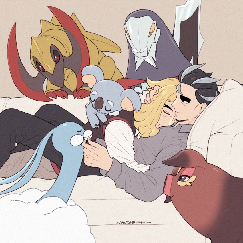 2boys altaria batabiru baxcalibur black_hair black_sweater_vest blonde_hair closed_eyes collared_shirt couch dated gen_3_pokemon gen_5_pokemon gen_7_pokemon green_jacket grey_hair grey_shirt hand_on_another&#039;s_head hassel_(pokemon) haxorus highres jacket komala larry_(pokemon) long_sleeves lying lying_on_another male_focus medium_hair multicolored_hair multiple_boys nintendo oinkologne oinkologne_(female) on_back pokemon pokemon_(creature) pokemon_sv shirt short_hair sleeping smile streaked_hair sweater_vest thick_eyebrows twitter_username two-tone_hair white_shirt yaoi