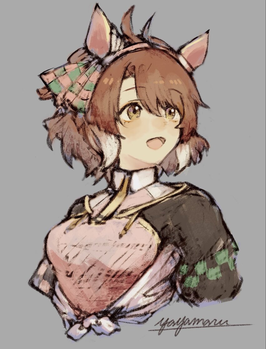 1girl ahoge animal_ears blush bow breasts brown_eyes brown_hair checkered_ribbon dantsu_flame_(center_spotlight)_(umamusume) dantsu_flame_(umamusume) ear_covers ear_ornament ear_ribbon hair_between_eyes highres horse_ears horse_girl large_breasts multicolored_hair occhahoi open_mouth shirt simple_background smile solo tied_shirt umamusume umamusume:_beginning_of_a_new_era white_hair yayamarublog