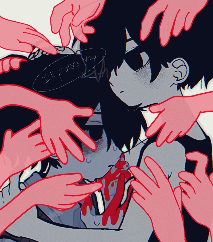 2boys bags_under_eyes bare_arms bare_shoulders black_eyes black_hair black_tank_top blood blood_on_hands chromatic_aberration colored_skin commentary dual_persona empty_eyes english_commentary english_text extra_arms fingernails grey_background hand_on_another&#039;s_head hand_on_another&#039;s_shoulder hands_up highres kobanzame_omo looking_at_another male_focus multiple_boys no_pupils omori omori_(omori) simple_background sunny_(omori) sweat tank_top upper_body white_skin