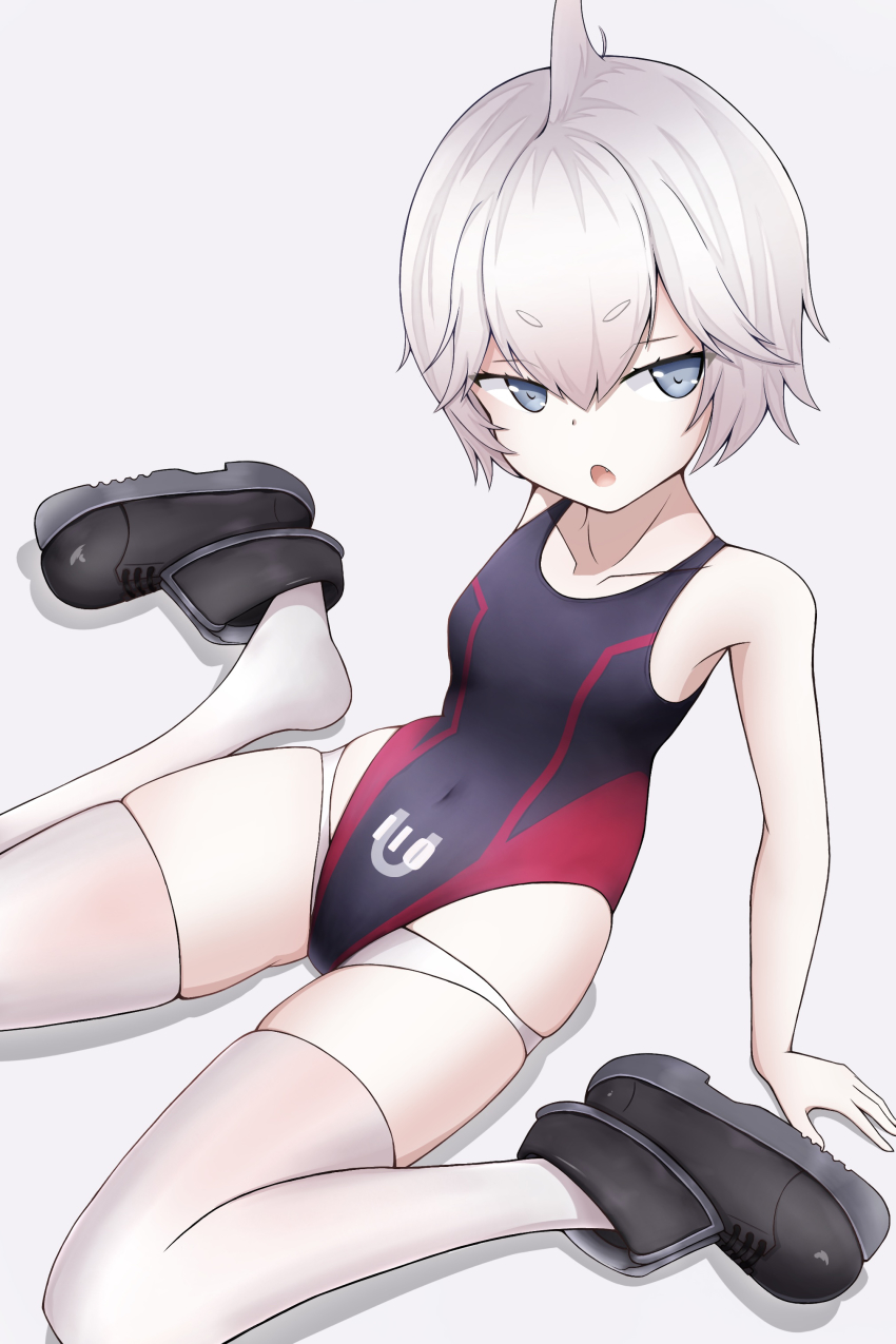 1girl absurdres ahoge azur_lane black_footwear black_one-piece_swimsuit blue_hair cien_(shikanokuni) competition_swimsuit grey_background highres one-piece_swimsuit open_mouth panties shirt short_hair short_sleeves simple_background sitting solo swimsuit thighhighs u-110_(azur_lane) underwear wariza white_panties white_shirt white_thighhighs