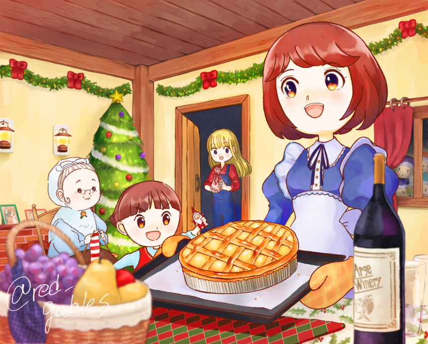 1boy 3girls :d apron back_bow basket blonde_hair blue_dress blue_eyes blue_overalls blue_shirt blunt_bangs blunt_ends blurry blurry_foreground bob_cut bokujou_monogatari bokujou_monogatari:_mineral_town_no_nakama_tachi bokujou_monogatari:_saikai_no_mineral_town bottle bow bowl_cut brother_and_sister brown_hair christmas christmas_tree claire_(bokujou_monogatari) curtains dress elli_(bokujou_monogatari) food frilled_suspenders fruit garland_(decoration) gift gift_bag glass grandmother_and_granddaughter grandmother_and_grandson grapes harvest_sprite_(bokujou_monogatari) highres holding holding_gift holding_toy holding_tray holly_print indoors juliet_sleeves knitting knitting_needle lace-trimmed_shirt_collar lantern long_hair long_sleeves maid_apron multiple_girls neck_ribbon needle open_door open_mouth orange_eyes overalls parted_bangs pear photo_(object) pie puffy_sleeves red_bow red_scarf red_shirt red_sweater_vest ribbon rounded_collar scarf shirt short_sleeves siblings sidelocks smile star_(symbol) striped_clothes striped_scarf sweater_vest swept_bangs teeth tinsel toy tray twitter_username underbust upper_teeth_only user_ptvp4444 v-shaped_eyebrows white_coif white_scarf window wine_bottle wooden_ceiling wooden_door wrinkled_skin