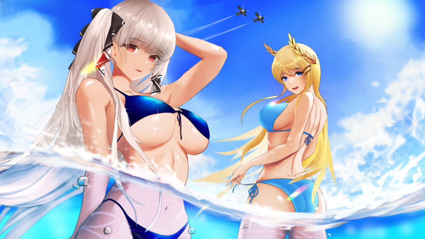 2girls aircraft airplane alternate_costume anniversary arm_behind_back arm_behind_head armpits ass azur_lane back bare_back bare_shoulders beefusteku bikini black_ribbon blonde_hair blue_bikini blue_eyes blush breasts cleavage collarbone commentary english_commentary feet_out_of_frame formidable_(azur_lane) from_side grey_hair hair_ornament hair_ribbon hairclip highres large_breasts long_hair looking_at_viewer looking_to_the_side multiple_girls navel on_water open_mouth parted_lips red_eyes ribbon sideboob smile standing stomach swimsuit teeth thighs twintails underboob upper_teeth_only victorious_(azur_lane)