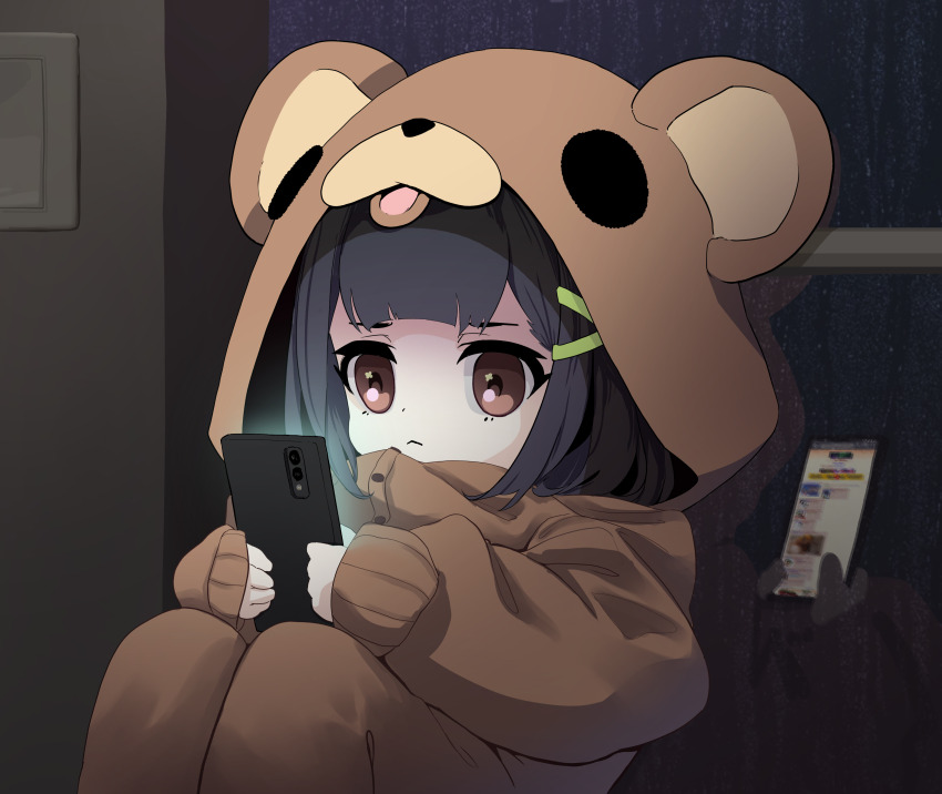 1girl 4chan absurdres animal_costume bear_costume black_hair brown_eyes cellphone character_costume dark_yaoi hair_ornament hairclip highres holding holding_phone indoors light_switch original pedobear phone reflection smartphone solo