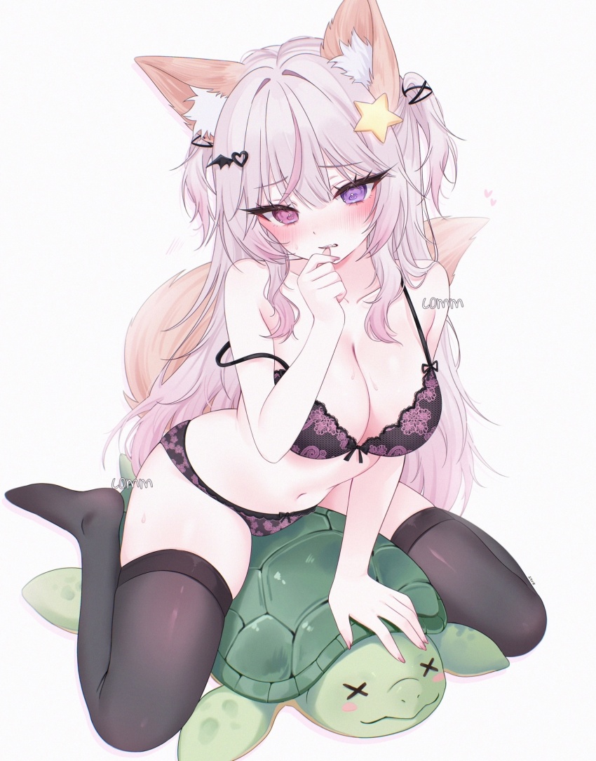 1boy 1girl animal_ear_fluff animal_ears annytf black_bra black_panties black_thighhighs blush bra breasts commission fox_ears fox_girl fox_tail hair_ornament heterochromia highres indie_virtual_youtuber long_hair looking_at_viewer medium_breasts navel panties pink_bra pink_panties purple_eyes red_eyes sitting_on_animal star_(symbol) star_hair_ornament strap_slip tail thighhighs turtle two-tone_bra two-tone_panties underwear underwear_only vedal987 vedal_ai virtual_youtuber white_background x_x zxcsque