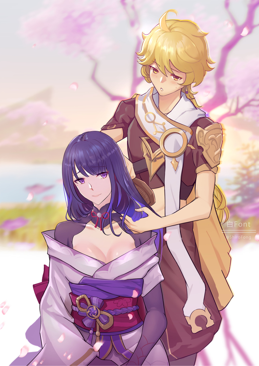 1boy 1girl absurdres aether_(genshin_impact) ahoge artist_name bare_tree blonde_hair blue_sky blunt_bangs blurry blurry_background braid breasts bridal_gauntlets brown_pants brushing_another&#039;s_hair brushing_hair cherry_blossoms cleavage closed_mouth collarbone commentary_request couple covered_collarbone crop_top curly_hair eyeliner falling_petals genshin_impact gradient_hair grass hair_between_eyes hair_down hand_in_another&#039;s_hair head_tilt hetero highres huge_ahoge japanese_clothes kimono large_breasts leaning_to_the_side light_blush light_smile long_braid long_hair looking_down looking_to_the_side looking_up makeup mitsudomoe_(shape) mole mole_under_eye multicolored_hair neck_ribbon off_shoulder outdoors pants parted_lips petals pink_kimono purple_eyes purple_hair raiden_shogun red_eyeliner red_ribbon red_sash ribbon sash scarf shade shiro_font short_sleeves single_braid sitting sky standing sweatdrop tomoe_(symbol) toned toned_male tree upper_body white_scarf yellow_eyes