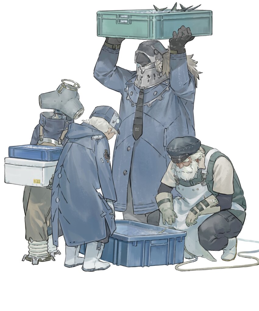 4boys absurdres apron beard black_gloves black_necktie blue_coat blue_hat brown_hair chenrong96 coat facial_hair fish gloves grey_gloves grey_hair hat helmet highres holding hood hood_down hooded_coat humanoid_robot long_sleeves male_focus multiple_boys necktie original robot short_hair short_sleeves simple_background squatting standing vest white_apron white_background white_footwear