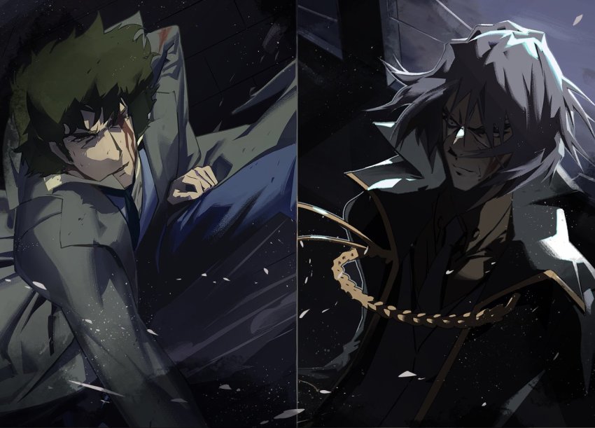 2boys blazer blood blood_on_face chain coat cofffee cowboy_bebop green_hair jacket medium_hair multiple_boys silver_hair spike_spiegel vicious_(cowboy_bebop)