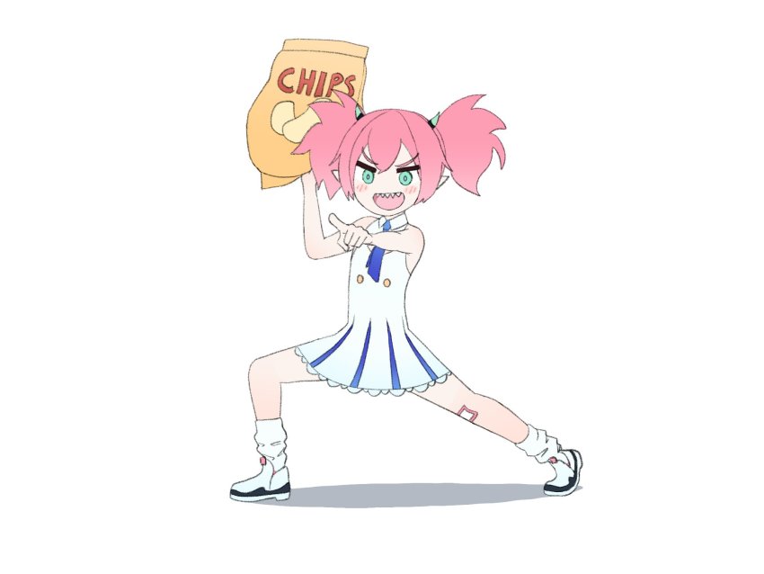 1girl bag_of_chips bandaid bandaid_on_knee bandaid_on_leg bare_arms bare_shoulders blue_archive blush collared_dress dress full_body green_eyes highres kutsusama loose_socks momoka_(blue_archive) open_mouth pointing pointing_at_viewer pointy_ears sharp_teeth shoes short_hair sidelocks simple_background sleeveless sleeveless_dress smile socks solo teeth white_background white_dress white_legwear