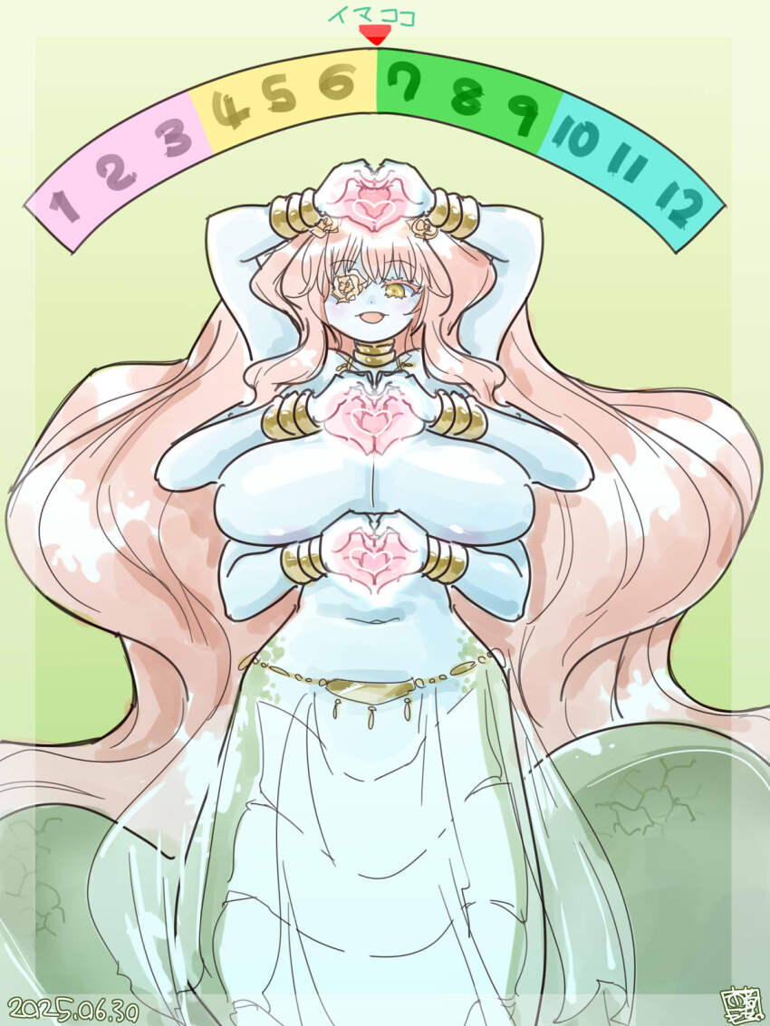 1girl alternate_breast_size alternate_costume blue_skin colored_skin commentary_request extra_arms flower flower_over_eye full_body green_background hair_flower hair_ornament heart heart_hands highres itini-sanshi kirakishou lamia long_hair monster_girl navel nude open_mouth pink_hair rozen_maiden solo very_long_hair wavy_hair yellow_eyes