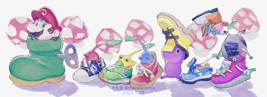 &gt;_&lt; 1boy ^_^ artist_name big_nose black_eyes black_skin blue_eyes blue_footwear blue_pikmin blue_skirt boots brown_hair newsboy_cap closed_eyes colored_skin commentary covered_mouth crossover dated facial_hair flying goomba&#039;s_shoe green_footwear hand_on_headwear hat highres kuribo&#039;s_shoe leaf lightning_bolt_print looking_ahead looking_at_another looking_at_viewer mario mario_(series) maykamonin mushroom mustache nintendo no_mouth one_eye_covered open_mouth orange_shoes pikmin_(creature) pikmin_(series) pink_skin pointy_ears pointy_nose purple_footwear purple_pikmin purple_skin red_eyes red_footwear red_hat red_pikmin red_skin rock rock_pikmin shadow shoes short_hair simple_background skirt sneakers solid_circle_eyes super_mario_bros._3 symbol-only_commentary thick_eyebrows upside-down walking watermark white_background white_pikmin white_skin winding_key winged_pikmin yellow_pikmin yellow_shoes yellow_skin