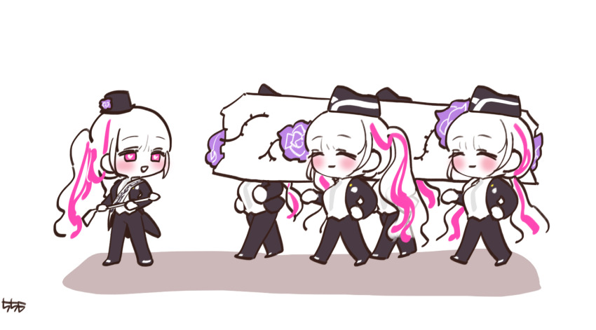 556_(rzrv7332) 5girls assisted_carrying blush carrying chibi coffin dancing_pallbearers_(meme) eternity_(last_origin) formal_clothes full_body garrison_cap hat heart heart-shaped_pupils last_origin meme mini_hat mini_top_hat multicolored_hair multiple_girls multiple_persona necktie purple_hair simple_background smile suit symbol-shaped_pupils top_hat twintails two-tone_hair white_background white_hair