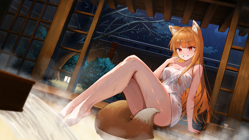 1girl absurdres animal_ears breasts brown_hair bucket choko_(cup) cup fence full_body grin highres holo junwon09 lantern large_breasts long_hair looking_at_viewer naked_towel night onsen orange_hair red_eyes sitting sky smile soaking_feet spice_and_wolf star_(sky) starry_sky steam tail tail_censor towel tree water wet wet_towel wolf_ears wolf_girl wolf_tail wooden_bucket wooden_fence
