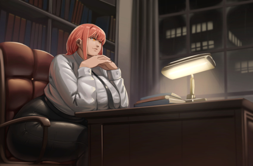 1girl alternate_ass_size alternate_body_size alternate_breast_size alterxsu black_necktie black_pants book book_stack bookshelf breasts chainsaw_man chair desk_lamp highres huge_breasts interlocked_fingers lamp long_hair makima_(chainsaw_man) necktie orange_eyes pants plump red_hair ringed_eyes shirt shirt_tucked_in sidelocks sitting solo thick_thighs thighs white_shirt window