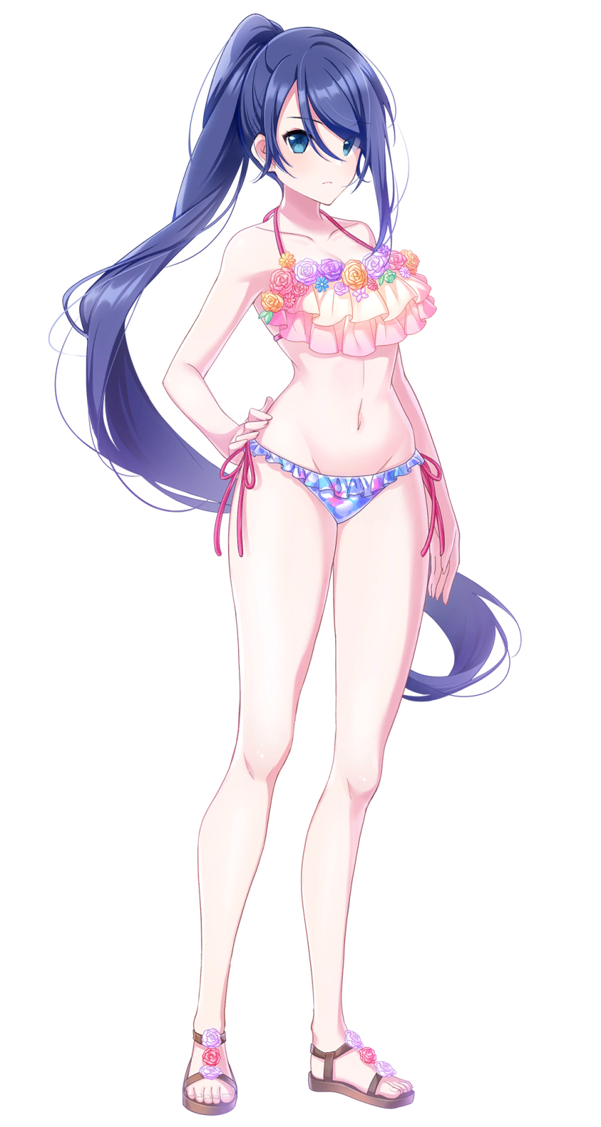 1girl aiba_mio bikini blue_eyes blue_hair breasts cleavage flower_bikini full_body highres huge_breasts long_hair navel omega_labyrinth_life ponytail side-tie_bikini_bottom simple_background slippers swimsuit u35 very_long_hair white_background