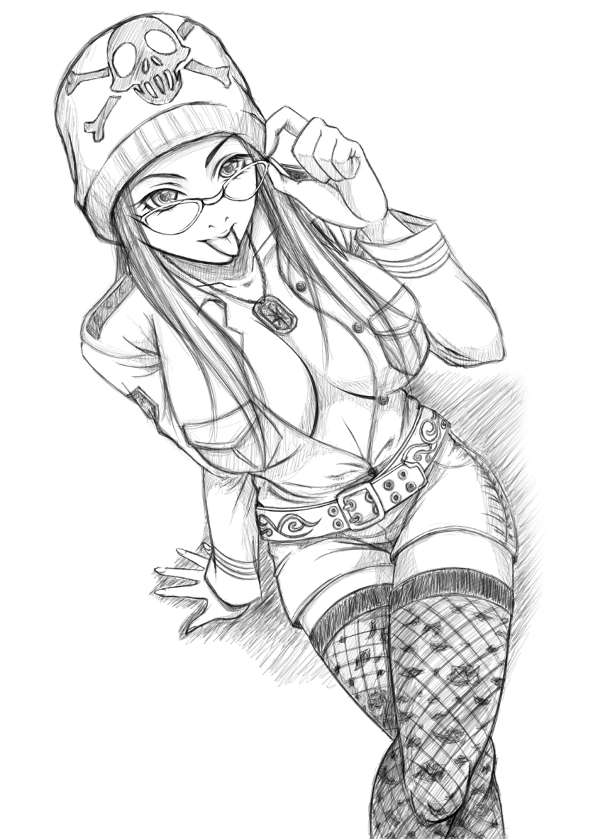1girl :p adjusting_eyewear alternate_costume bad_id bad_pixiv_id beanie belt breasts crossed_legs dog_tags female_focus fishnets from_above glasses greyscale hat highres jumpsuit large_breasts long_hair monochrome no_bra open_clothes short_shorts shorts sitting skull_and_crossbones solo tal_yuji thighhighs tongue tongue_out vanessa_lewis virtua_fighter virtua_fighter_5 virtua_fighter_5:_final_showdown