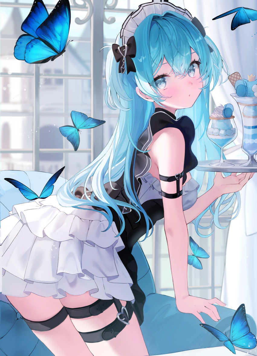 1girl absurdres apron arm_strap belt black_apron black_bow blue_butterfly blue_eyes blue_hair bow breasts bug butterfly chair closed_mouth cowboy_shot day dessert dress food frilled_skirt frills from_side hair_between_eyes hair_intakes haruhiruri highres holding holding_tray ice_cream insect long_hair looking_at_viewer macaron maid maid_headdress medium_breasts miniskirt original parfait pout skirt solo standing thigh_belt thigh_strap tray two_side_up wafer white_dress window