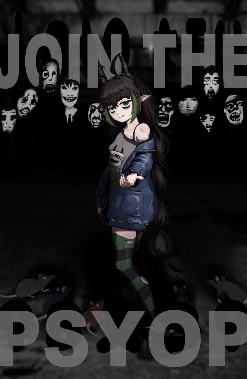 1girl 6+others absurdres ahoge black_hair black_horns black_nails black_thighhighs blue_jacket bonetaker2 closed_mouth elf elfinpsyop green_eyes green_hair green_thighhighs grey_shirt highres horns indie_virtual_youtuber jacket long_hair looking_at_viewer mouse_(animal) multicolored_hair multiple_others pointy_ears shirt streaked_hair striped_clothes striped_thighhighs thighhighs torn_clothes torn_thighhighs very_long_hair virtual_youtuber