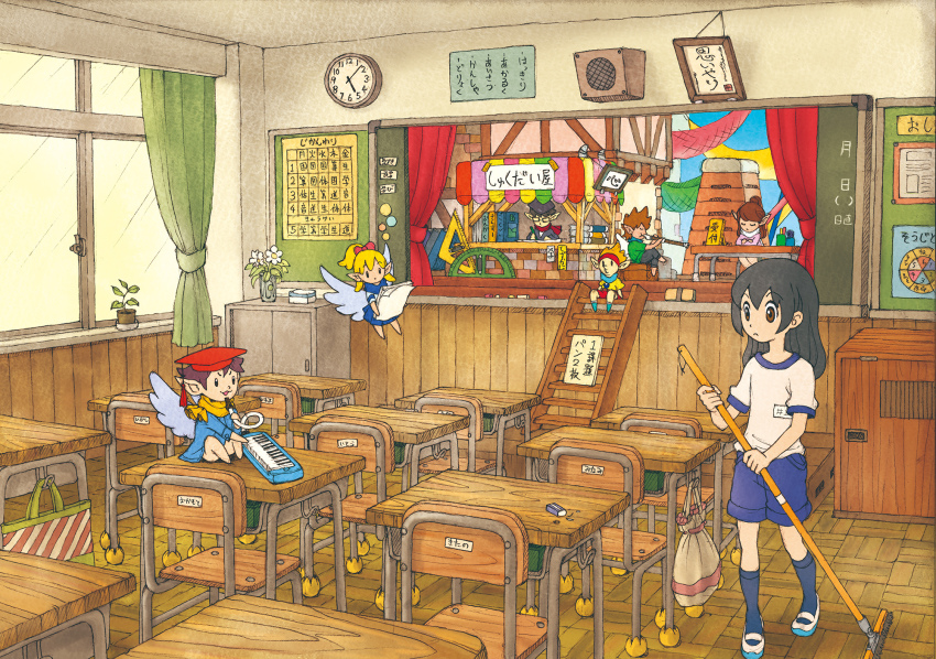 black_hair blonde_hair broom brown_eyes brown_hair chair chalkboard classroom clock desk fairy gym_uniform hat highres indoors instrument long_hair multiple_boys multiple_girls original school school_desk sitting window wings yukoiwase