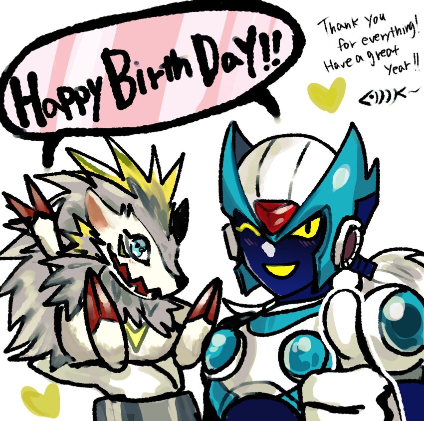 armor blue_eyes blush digimon digimon_(creature) heart herissmon highres mega_man_(series) one_eye_closed sharp_teeth teeth thumbs_up wink