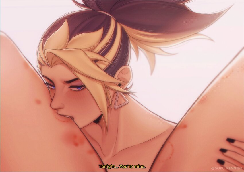 2girls absurdres akali between_legs bite_mark bite_mark_on_thigh black_nails blonde_hair blush brown_hair commentary earrings english_commentary english_text evelynn_(league_of_legends) fang goku_inu_go_kuken grey_background hand_on_another&#039;s_thigh hickey highres jewelry k/da_(league_of_legends) league_of_legends multicolored_hair multiple_girls ponytail purple_eyes simple_background streaked_hair subtitled thigh_biting yuri