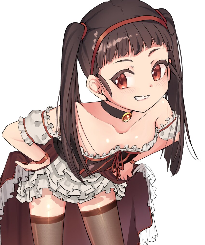 1girl alternate_costume bare_shoulders black_choker black_corset blush breasts brown_hair brown_thighhighs choker cleavage corset cowboy_shot dot_nose dress eyelashes female_focus frilled_dress frills gem grin hachikuji_mayoi hairband hands_on_own_hips highres leaning_forward loli long_hair looking_at_viewer meemz_a monogatari_(series) off-shoulder_dress off_shoulder purple_dress red_corset red_eyes red_hairband simple_background small_breasts smile smug solo standing strapless teeth thighhighs twintails two-tone_corset two-tone_dress white_background white_dress yellow_gemstone