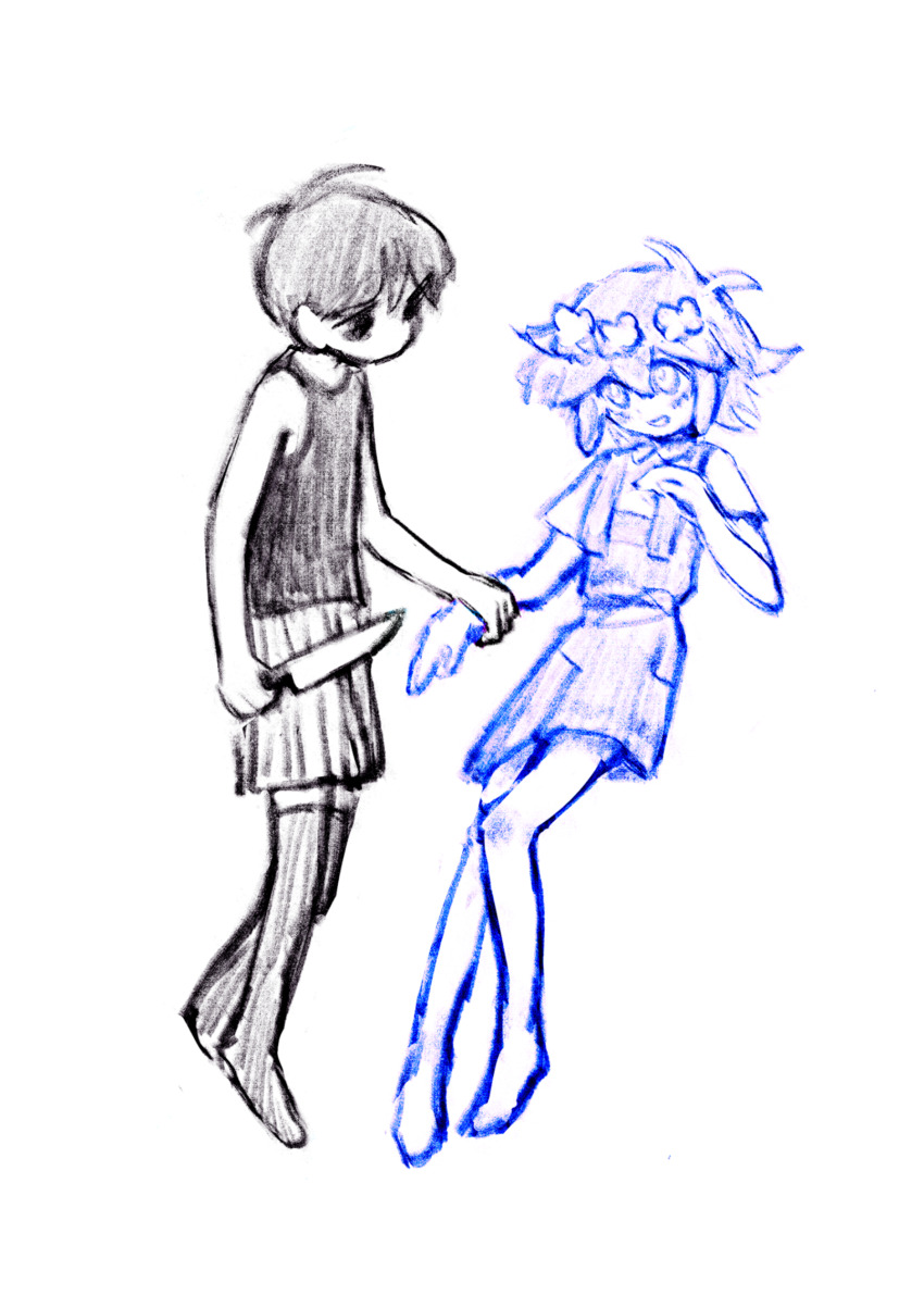 2boys antenna_hair barefoot basil_(headspace)_(omori) basil_(omori) flower head_wreath highres lilac_aesthetic limited_palette looking_at_viewer multiple_boys no_mouth omori omori_(omori) overall_shorts overalls shirt short_hair shorts simple_background striped_clothes striped_shorts t-shirt tank_top thighhighs vertical-striped_clothes vertical-striped_shorts white_background