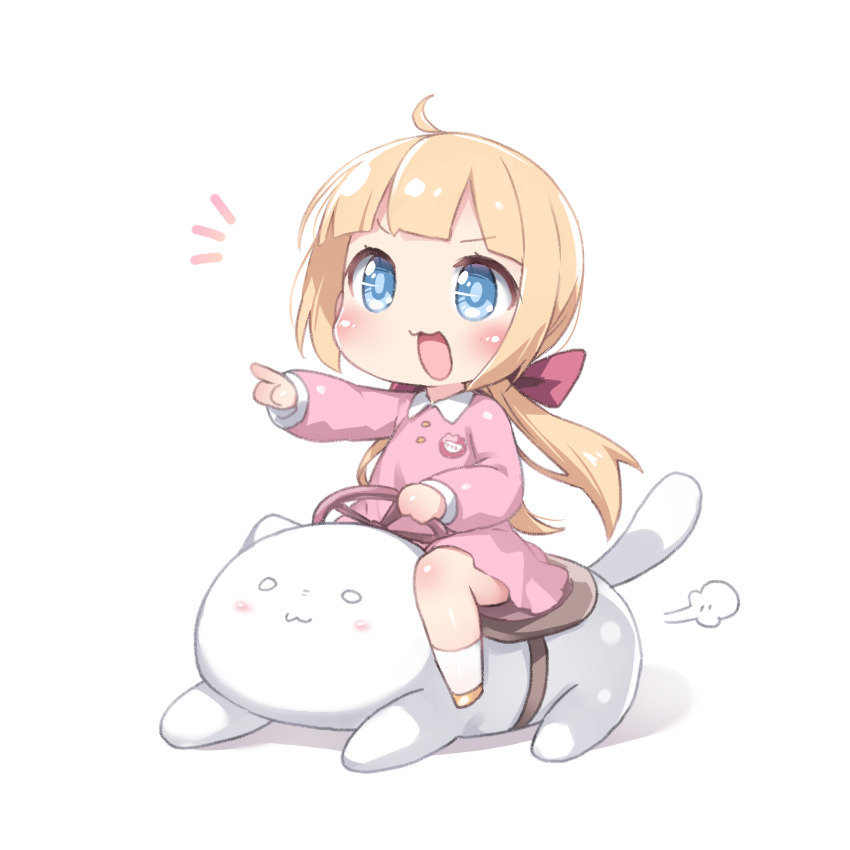 1girl :d ahoge blonde_hair blue_eyes blue_pupils blush bow cat commentary dress highres long_hair looking_ahead loose_hair_strand low_twintails notice_lines open_mouth original outstretched_arm pink_dress pointing red_bow riding simple_background smile solo symbol-only_commentary tamase_tama twintails white_background