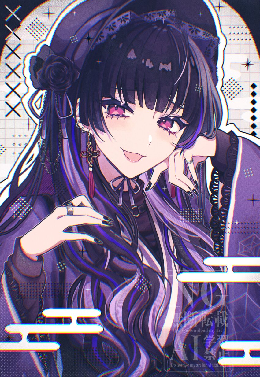 1girl :d absurdres ahoge black_choker black_hair black_nails black_shirt blunt_bangs bonnet choker chromatic_aberration commentary_request ear_piercing earrings egasumi eyelashes eyeshadow fingernails flower grey_background grid_background hair_flower hair_ornament hair_ribbon hands_up highres japanese_clothes jewelry kimono long_fingernails long_hair long_sleeves looking_at_viewer makeup meloco_kyoran multicolored_hair multiple_rings nail_polish nijisanji nijisanji_en o-ring o-ring_choker open_mouth outline piercing purple_bonnet purple_eyes purple_eyeshadow purple_flower purple_hair purple_kimono purple_ribbon raised_eyebrows ribbon ring sekka_(sekka1202) shirt smile solo spider_web_print streaked_hair tassel tassel_earrings turtleneck upper_body virtual_youtuber watermark white_outline wide_sleeves