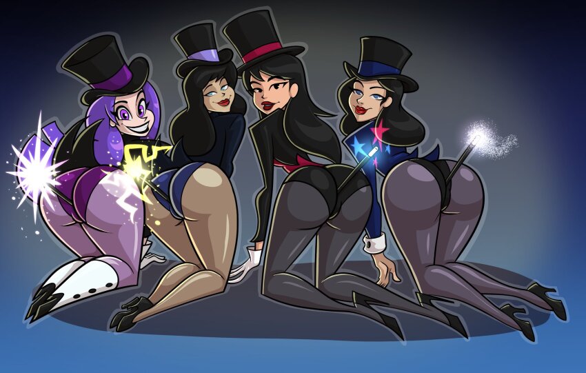 2025 4girls alternate_self ass ass_focus black_hair counterpart dc_comics dc_super_hero_girls dcau female female_focus from_behind hat highres huge_ass justice_league_action justice_league_unlimited kneeling lineup long_hair looking_back magic_user magician multiple_girls multiversal_counterpart_grouping phazyn purple_hair purple_hair_female square_crossover superhero_costume take_your_pick top_hat zatanna zatanna_(dcau) zatanna_(justice_league_action) zatanna_zatara zee_zatara