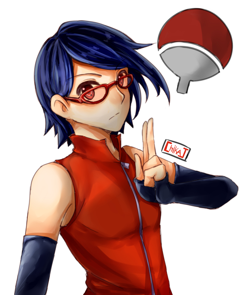 1girl absurdres alternate_hair_color arm_warmers artist_name bare_shoulders boruto:_naruto_next_generations chikajigoku child closed_mouth commentary english_commentary glasses high_collar highres looking_at_viewer naruto_(series) ninja red-framed_eyewear red_eyes red_shirt salute sharingan shirt short_hair simple_background sleeveless sleeveless_shirt solo two-finger_salute uchiha_sarada white_background zipper zipper_pull_tab