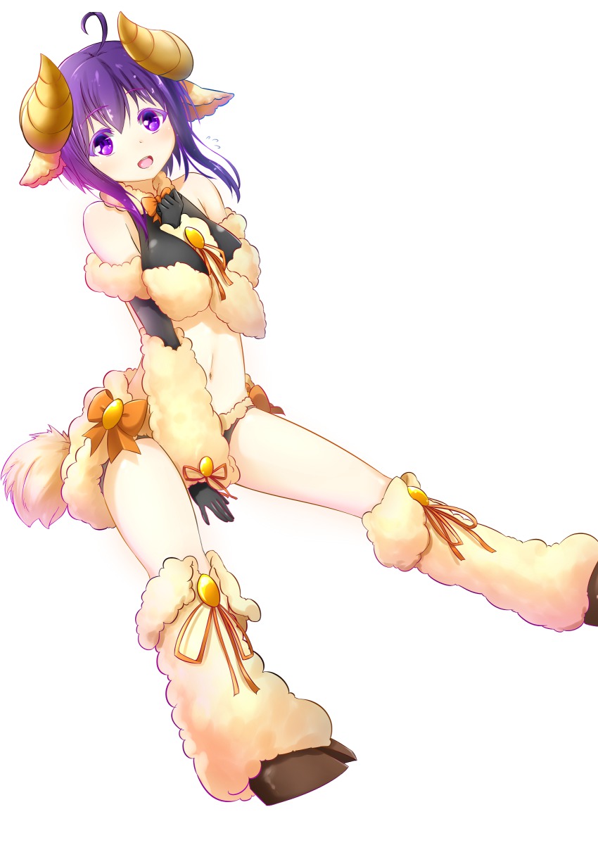 1girl ahoge animal_ears bare_shoulders bell bike_shorts blush breasts collar female_focus gloves hand_on_own_chest highres hooves horns looking_at_viewer mahou_sensei_negima! medium_breasts miyazaki_nodoka monster_girl monster_girl_encyclopedia navel open_mouth purple_eyes purple_hair ribbon sheep_ears sheep_girl sheep_horns short_hair smile solo tail thighhighs vahn_yourdoom weresheep wool
