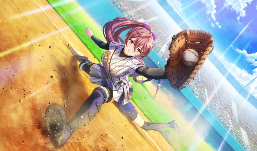 ball baseball baseball_(object) baseball_glove baseball_stadium baseball_uniform belt belt_buckle black_belt black_footwear black_thighhighs black_undershirt blurry bow buckle catching cinderella_series closed_mouth cloud crowd depth_of_field dust_cloud dutch_angle emphasis_lines full_body game_cg hachigatsu_no_cinderella_nine hair_between_eyes hair_bow high_ponytail highres honjo_chikage layered_sleeves light_rays long_hair long_sleeves non-web_source official_alternate_hairstyle official_art outdoors outstretched_arm playing_sports pleated_skirt ponytail purple_bow purple_eyes purple_hair shirt shirt_under_shirt short_over_long_sleeves short_sleeves skirt sky sliding smile solo_focus sportswear striped_clothes striped_shirt striped_skirt sunbeam sunlight thighhighs vertical-striped_clothes vertical-striped_shirt vertical-striped_skirt very_long_hair wavy_hair