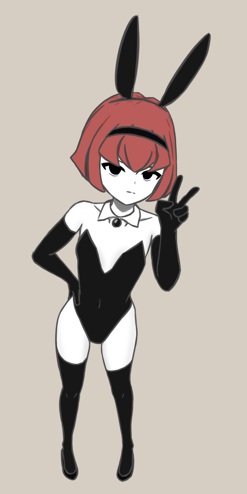 1girl absurdres aged_down black_eyes black_hairband black_pantyhose colored_skin expressionless full_body hair_ornament hairband highres loli pantyhose playboy_bunny r_dorothy_wayneright rabbit_hair_ornament red_hair short_hair simple_background solo the_big_o white_skin