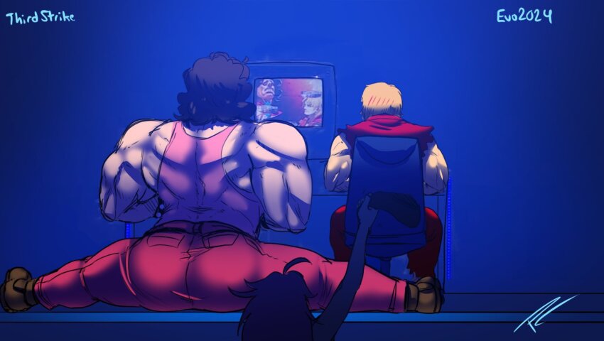 1other 2boys ass black_hair blue_background commentary crt dougi english_commentary evo_moment_#38 evolution_championship_series fakeryway hayao_(gamer) hugo_andore ken_masters male_focus multiple_boys muscular muscular_male pink_tank_top playing_games sleeveless split stage street_fighter street_fighter_iii_(series) tank_top