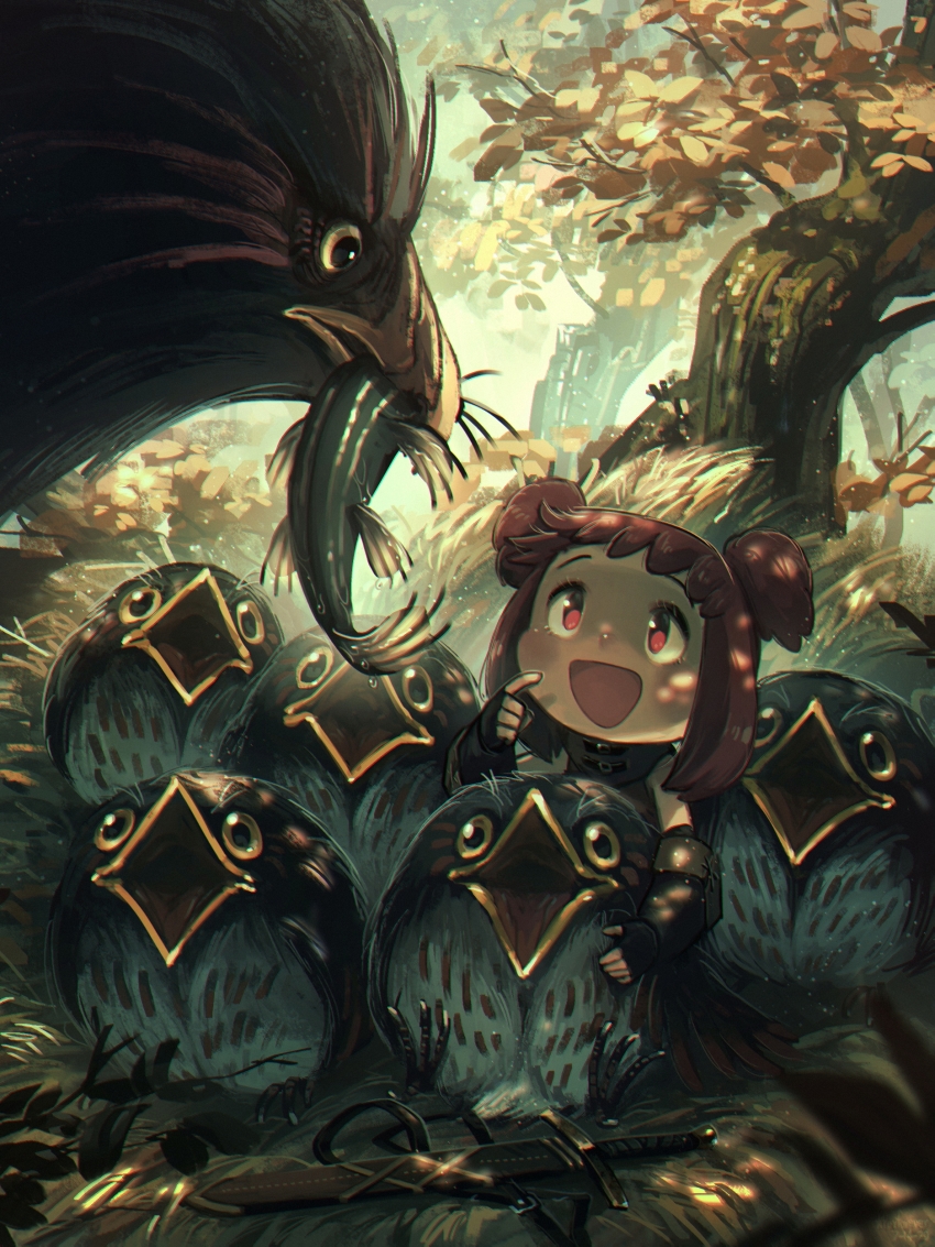 1girl :d absurdres beak bird chick commentary dullahan english_commentary feathers fingerless_gloves fish gloves highres looking_at_another nest open_mouth original porforever red_eyes red_hair short_twintails sitting smile sword tree twintails weapon