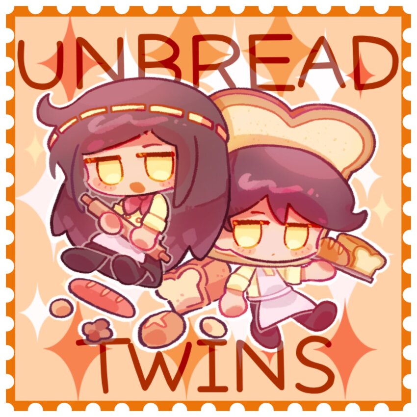 1boy 1girl alternate_skin_color apron back-to-back biscuit_(omori) black_pants black_shoes black_skirt border bread brother_and_sister brown_hair buttons character_name chibi chibi_only closed_mouth commentary cowlick dot_mouth double-breasted double-parted_bangs doughie_(omori) english_commentary film_grain food full_body hair_between_eyes highres holding holding_rolling_pin holding_tray jitome loaf_of_bread long_hair long_skirt long_sleeves looking_at_viewer neckerchief omori open_mouth orange_background orange_border outline pants red_neckerchief rolling_pin shoes siblings simple_background skirt sparkle_background swept_bangs tray twins waist_apron white_apron white_outline y_songmo yellow_eyes