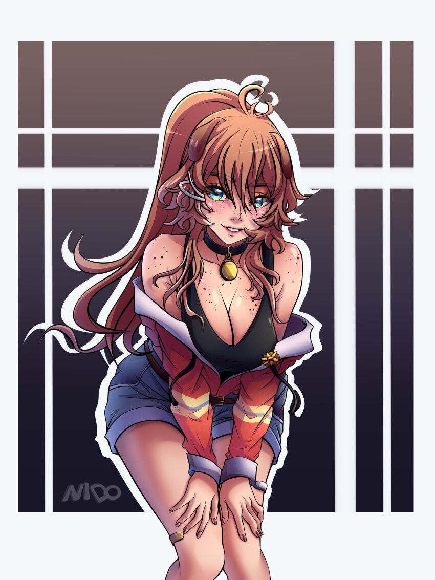 1girl absurdres affternido animal_ears artist_name belt black_background black_collar black_shirt blue_eyes blue_shorts blush body_freckles breasts brown_hair cleavage collar collarbone dog_ears dog_girl eyebrows eyelashes feet_out_of_frame female_focus freckles freckles_on_breasts grin hands_on_own_knees highres indie_virtual_youtuber jacket large_breasts leaning_forward lilybell_(vtuber) lips long_hair long_sleeves looking_at_viewer multicolored_jacket nose off-shoulder_jacket off_shoulder orange_jacket parted_lips ponytail shirt shorts simple_background sleeveless sleeveless_shirt smile solo standing teeth two-tone_background virtual_youtuber white_background white_jacket yellow_jacket