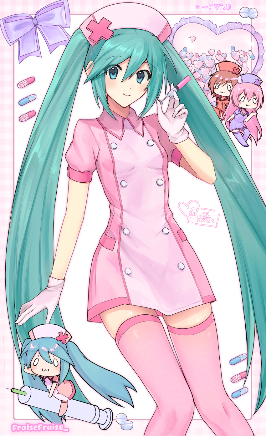 3girls :3 absurdres aqua_hair arm_at_side artist_name blue_eyes border bow buttons chibi chibi_inset closed_mouth collared_dress commentary dated double-breasted double-parted_bangs dress feet_out_of_frame fraisefraise frills gloves hair_between_eyes hand_up hat hatsune_miku heart highres holding holding_syringe knees_apart_feet_together koiiro_byoutou_(vocaloid) long_hair looking_at_viewer multiple_girls nurse_cap outside_border pill pink_border pink_dress pink_hat pink_thighhighs pink_trim puffy_short_sleeves puffy_sleeves purple_bow short_sleeves simple_background skindentation smile solo_focus syringe thighhighs twintails very_long_hair vocaloid white_background white_gloves zettai_ryouiki