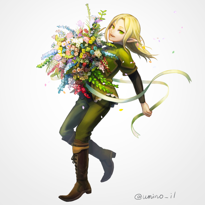 1boy absurdres blonde_hair boots bouquet elf erik_burton flower full_body green_eyes highres long_hair looking_at_viewer male_focus open_mouth pointy_ears pop-up_story simple_background smile solo twitter_username umino_kiri white_background