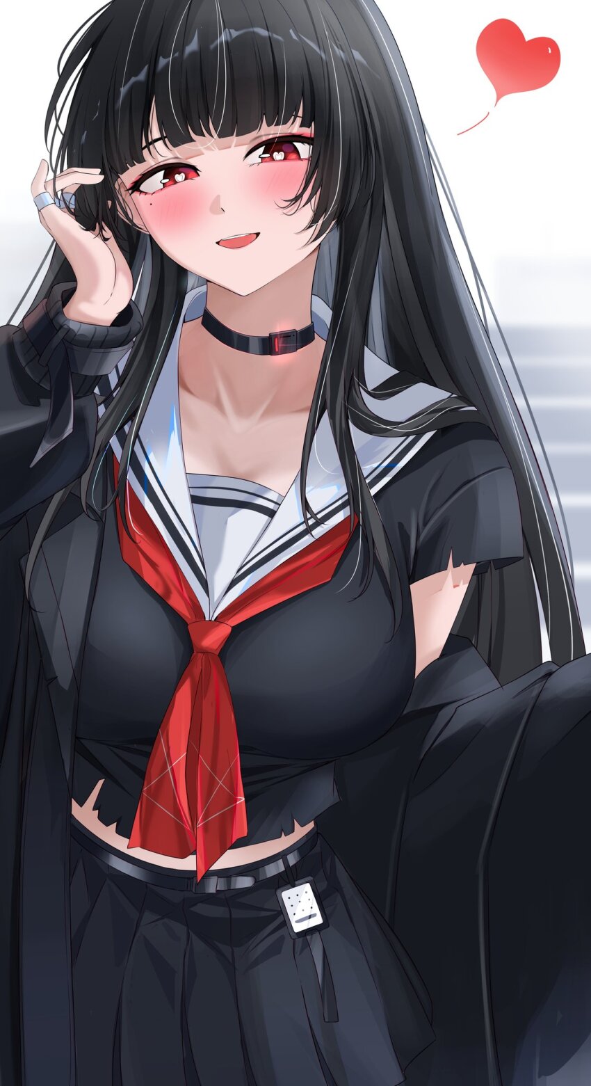 1girl black_choker black_hair black_jacket black_shirt black_skirt blush breasts chisa_(wuthering_waves) choker collarbone commentary hand_up heart highres jacket large_breasts long_hair looking_at_viewer mole mole_under_eye neckerchief open_mouth pandatako red_eyes red_neckerchief sailor_collar shirt skirt smile solo white_sailor_collar wuthering_waves