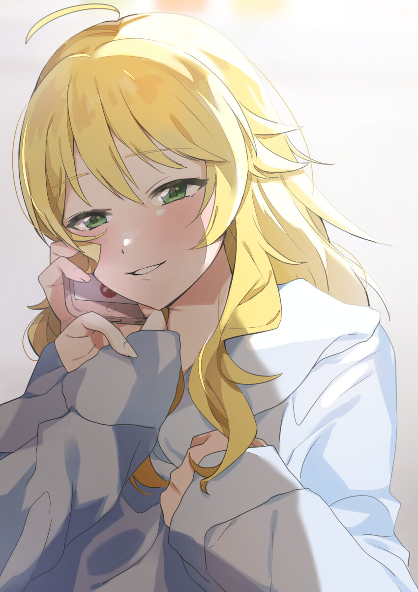 1girl absurdres ahoge blonde_hair blush cellphone fingernails green_eyes grin half-closed_eyes highres holding holding_phone hoshii_miki idolmaster idolmaster_(classic) katsu_(kana) long_fingernails long_hair long_sleeves looking_at_viewer phone shirt smartphone smile solo upper_body white_shirt