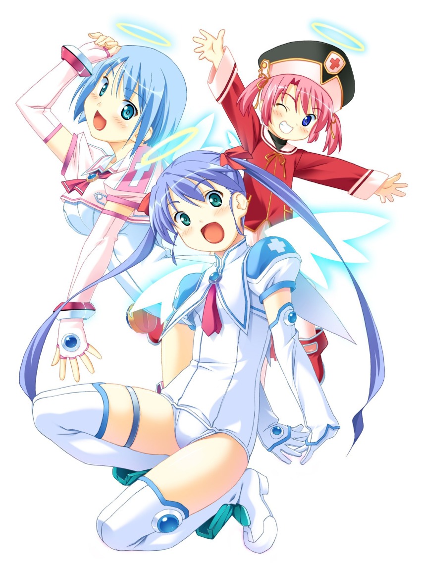 3girls :d angel aqua_eyes arm_up arms_behind_back blue_eyes blue_hair blush boots breasts brooch child crop_top djibril_(makai_tenshi_djibril) djibril_aries elbow_gloves fingerless_gloves flat_chest gloves green_eyes grin hair_ribbon halo hat highres jewelry jinno_hikari kneeling kuuchuu_yousai large_breasts long_hair luvriel magical_girl makai_tenshi_djibril makai_tenshi_djibril_2 manabe_rika multiple_girls necktie official_art one-piece_swimsuit one_eye_closed open_mouth outstretched_arms pink_hair ribbon school_swimsuit school_uniform serafuku short_hair short_twintails simple_background smile spread_arms swimsuit swimsuit_costume swimsuit_under_clothes thigh_boots thighhighs twintails very_long_hair white_one-piece_swimsuit white_school_swimsuit white_thighhighs wings wink