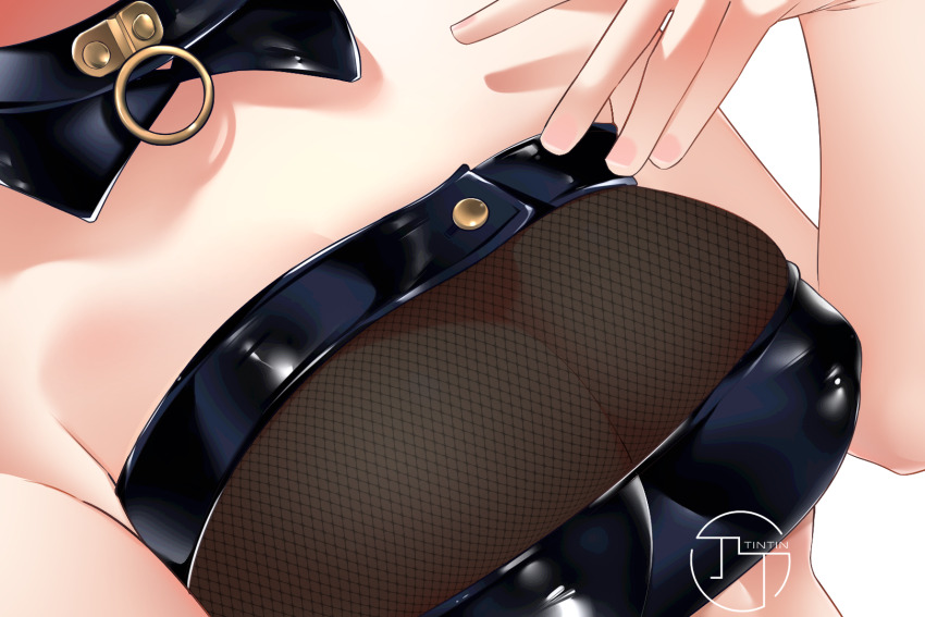 1girl artist_logo bra breast_focus breasts chouchou_(austin) clasp cleavage close-up commentary_request covered_erect_nipples fingernails fishnet_bra hand_up highres large_breasts leather_bra leather_collar logo original simple_background solo strapless strapless_bra underwear white_background