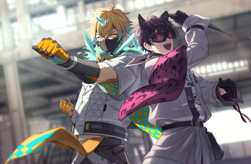2boys :d animal_ears antenna_hair aqua_hair aqua_horns arm_up artist_name belt belt_pouch black_belt black_gloves black_hair black_mask blurry blurry_background building clenched_hands crossed_bangs earrings fake_animal_ears fangs gauntlets gloves goggles gradient_hair grey_jacket grey_pants hair_between_eyes hair_ornament hashtag-only_commentary highres holding holding_knife hood hood_down hooded_jacket horns jacket jewelry knife light_particles lightning_bolt lightning_bolt_earrings lightning_bolt_hair_ornament lightning_bolt_symbol long_sleeves looking_at_viewer male_focus mask merasugi mouth_mask multicolored_hair multicolored_shirt multiple_boys nijisanji open_clothes open_jacket open_mouth orange_eyes orange_hair outdoors outstretched_arm pants pouch print_shirt purple_shirt safety_pin saiki_ittetsu saiki_ittetsu_(1st_costume) shirt short_hair short_sleeves single_earring single_horn smile teeth twitter_username usami_rito usami_rito_(1st_costume) v-shaped_eyebrows virtual_youtuber white_jacket white_shirt