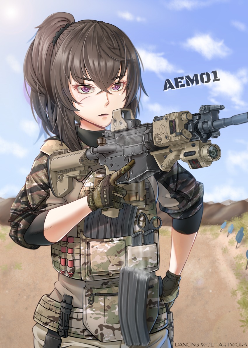 1girl absurdres assault_rifle brown_hair camouflage commentary dancing_wolf day english_commentary facial_scar female_focus flashlight gloves gun highres holding holding_gun holding_weapon holographic_weapon_sight laser_sight load_bearing_vest m4_carbine magazine_(weapon) motion_blur original outdoors ponytail purple_eyes reflector_sight rifle scar scar_on_cheek scar_on_face shooting_range sight_(weapon) solo stock_(firearm) tactical_light telescoping_stock trigger_discipline watermark weapon