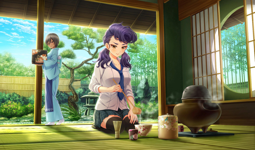 2girls aqua_kimono bamboo black_hair black_thighhighs blue_ribbon box chagama_(pot) chasen chawan cinderella_series closed_mouth collared_shirt dark_skin ear_piercing full_body game_cg grey_skirt hachigatsu_no_cinderella_nine highres hishaku holding holding_box holding_ladle indoors izumida_kyouka japanese_clothes kimono ladle long_hair long_sleeves looking_at_another looking_down loose_necktie low_twintails mikuriya_ayane multiple_girls neck_ribbon necktie no_shoes non-web_source official_art orange_eyes piercing plaid_clothes plaid_skirt pleated_skirt pompadour purple_hair ribbon satogahama_school_uniform school_uniform seiza shirt short_hair sitting skirt socks solo_focus steam sweatdrop tatami tea_ceremony thighhighs twintails white_shirt white_socks winter_uniform