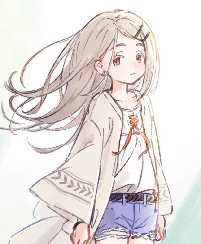 1girl camisole denim denim_shorts earrings floating_hair gakuen_idolmaster grey_hair hageringo hair_ornament hairclip highres idolmaster jacket jewelry light_smile long_hair looking_at_viewer open_clothes open_jacket orange_eyes shinosawa_hiro short_shorts shorts simple_background sketch solo stud_earrings white_background wind