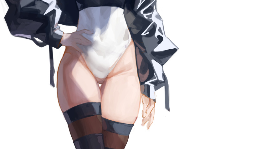 1girl 2b_(nier:automata) absurdres commentary covered_navel glaw hand_on_own_shoulder head_out_of_frame highres legs leotard long_sleeves lower_body nier:automata nier_(series) simple_background solo square_enix standing thigh_gap thighs white_background
